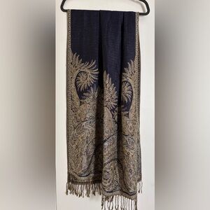 Navy & Gold Paisley Fringe Shawl